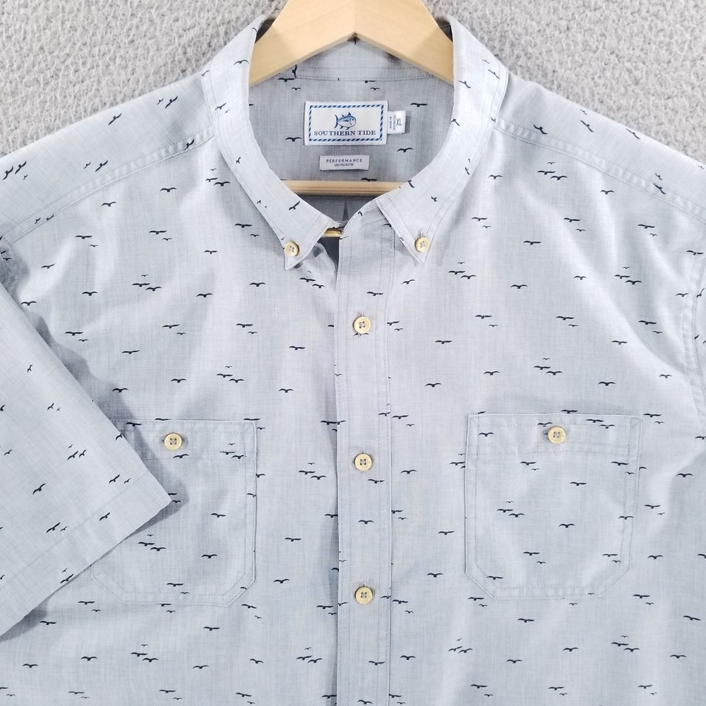 Southern Tide Shirt Mens XL Blue Seagull Print Performance Button Down Pockets